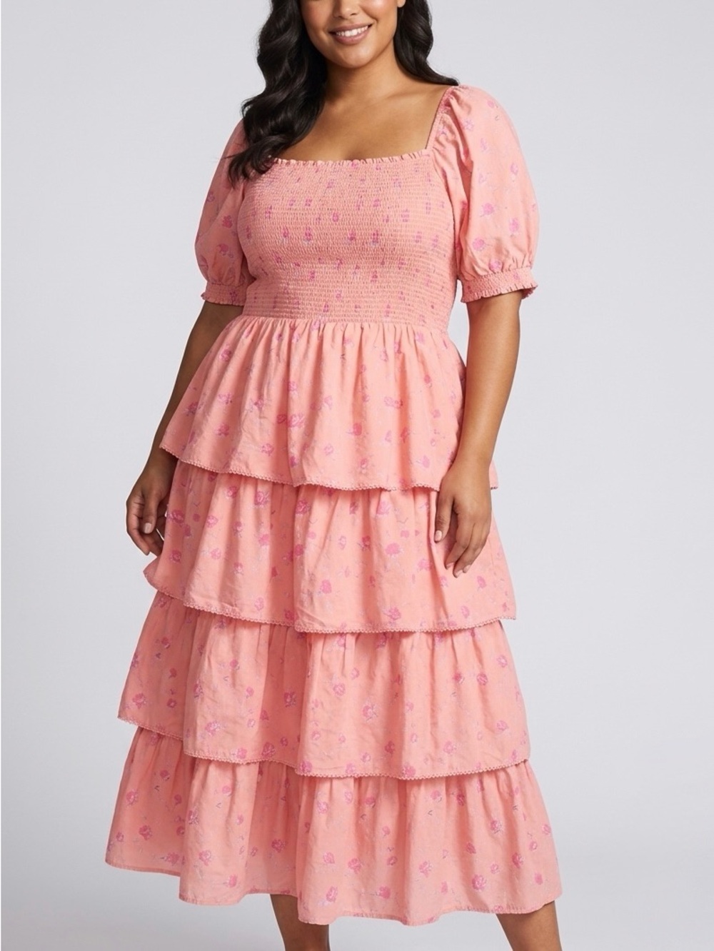 LOVESHACKFANCY LSF Simone Pink Floral Tiered Smocked Midi / Maxi Dress 1X
